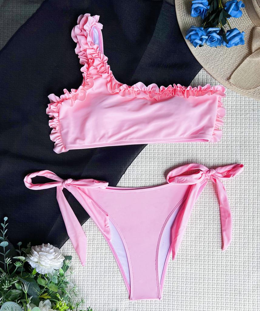 Dámské plavky jednobarevné krajka na jednom rameni Sexy bikiny tanga se zavazováním Brazilské plavky na pláž