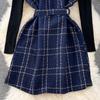 Sladký dvoudílný kostkovaný tvídový set Dámské Podzimní Zimní základní svetr a špagetový pásek Mini krátké šaty
