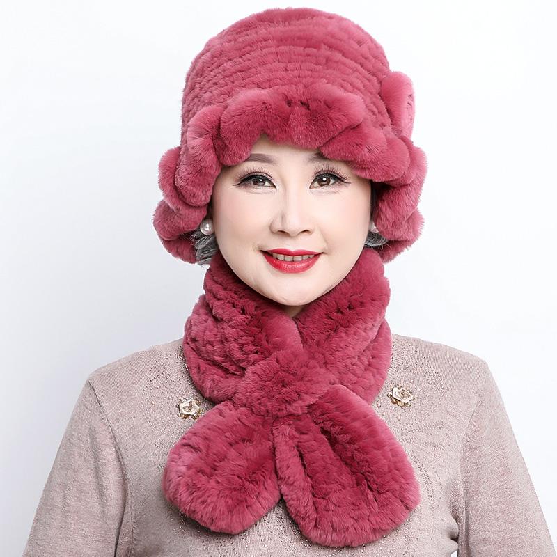 Rex Rabbit Hair Hat Children's New Mother Hat Winter Warm Korean Version Grandma Hat Scarf Middle and Old Age Hat Scarf