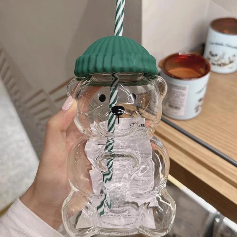 550ml Kávový hrnek ve tvaru kresleného medvídka Roztomilý medvídkový hrnek Plastový kelímek pro mazlíčky se slámkou Průhledné Kreativní hrnky na mléko, kávu, vodu