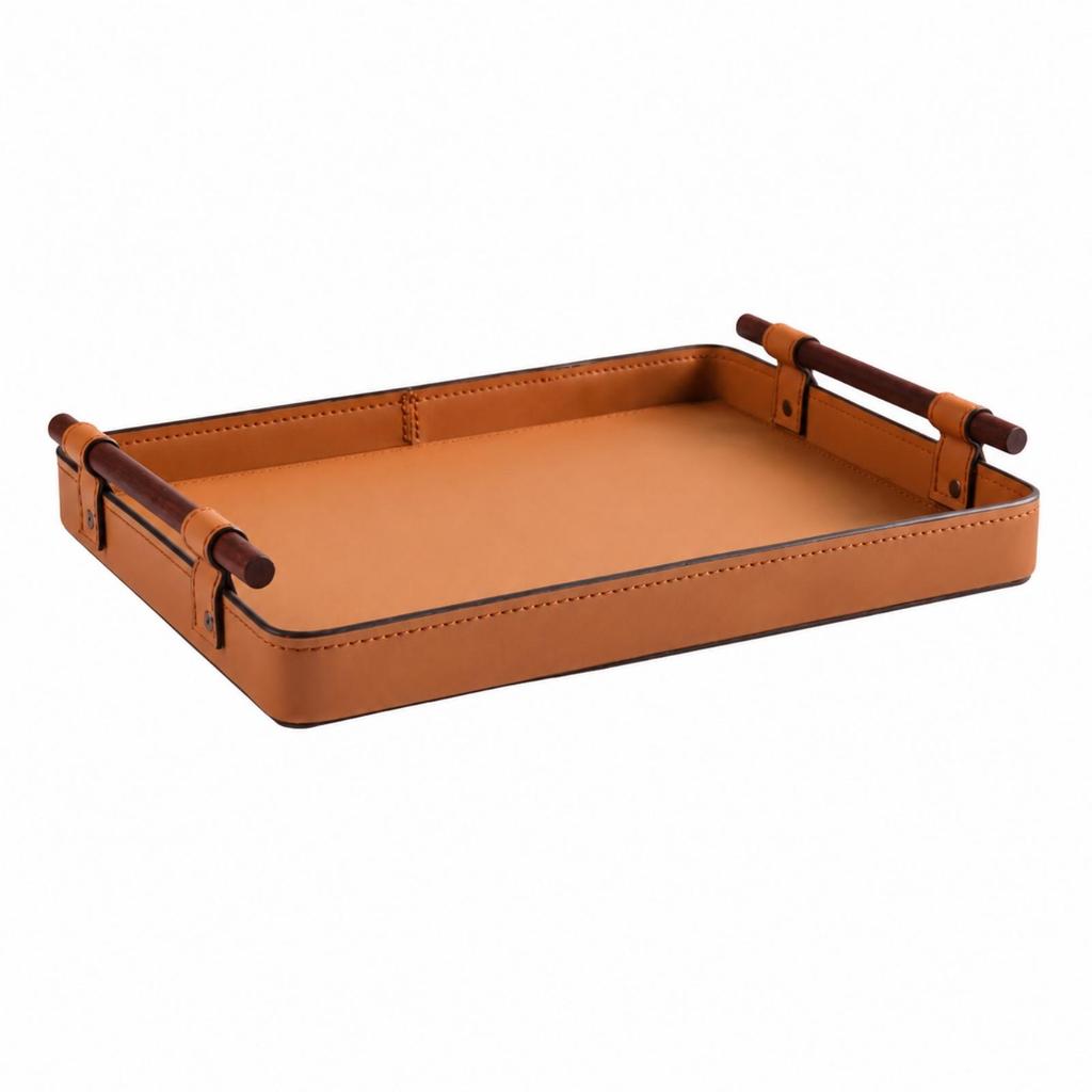 Leder Aufbewahrungsschale mit Holzstangen-Griffen Dekorativer offener Organizer