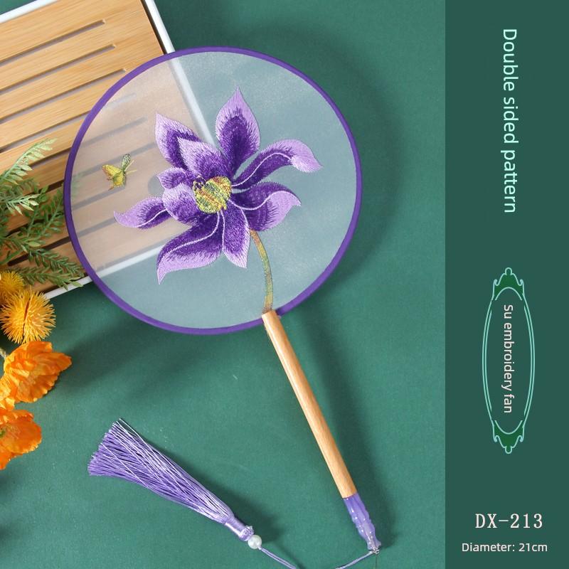 Antique Embroidery Circular Fan Chinese Style Cheongsam Fan Women's Double-Sided Embroidered Transparent round Long Handle Ancient Chinese Clothing