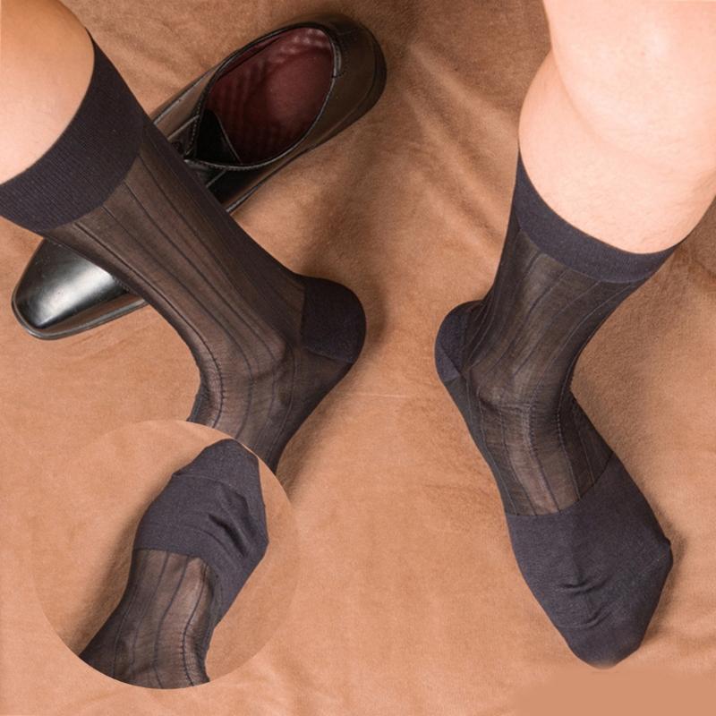 Mens Business Soft Breathable Nylon Sheer Dress Socks Thin See Through Silk Ribs Striped Calf Socks for Formal Use