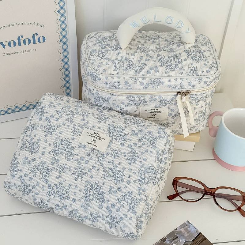 Cotton Corduroy Makeup Bag With Floral Pattern And Breathable Design For Daily Use