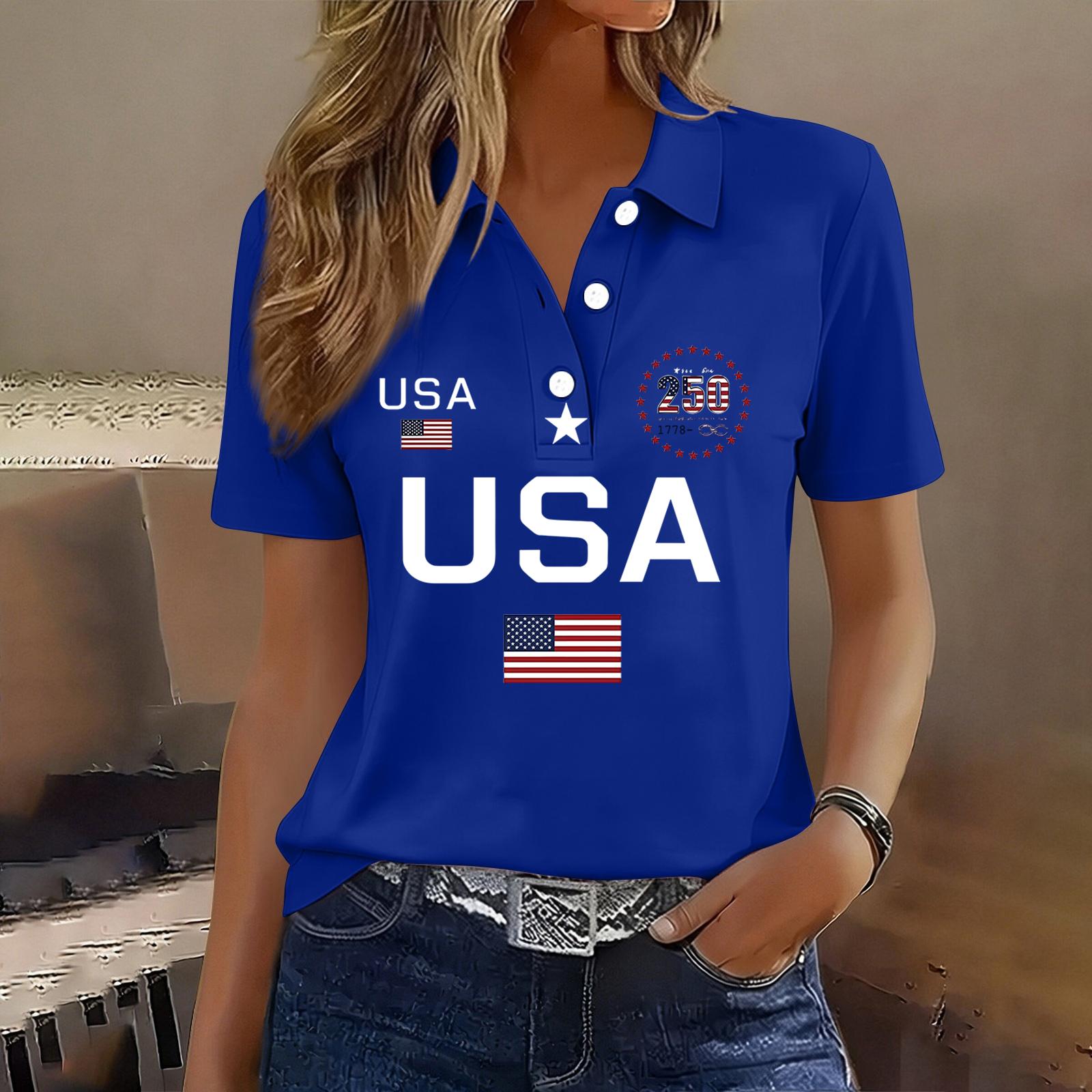 

Women s Casual Short Sleeve Button Polo Shirt USA Print 250th Anniversary Graphic Lightweight Summer Top XXXL синий
