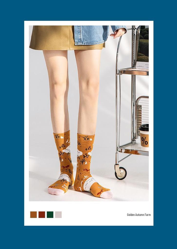 French Retro Abstract Cotton High-Top Mid-Calf Socks for Women - Autumn/Winter Trendy Oil Painting Design
