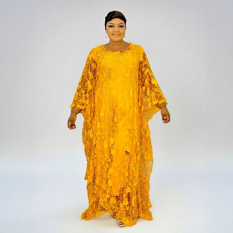Plus Size African Women's Loose Long Robe Dress with Water Soluble Lace & Short Sleeves
