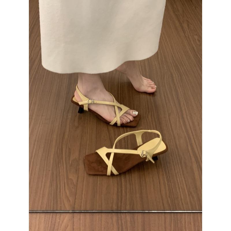 With Skirt Temperament One-word Buckle with Open-toed Square Head Sandals Women's Summer Beautiful Small Heels