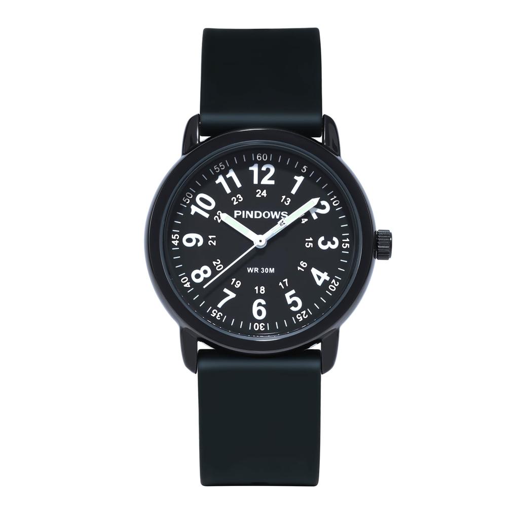 PINDOWS Silicone Band Design Analog Quartz Watch For Young Generations and Students High Visibility Waterproof Unisex Wristwatch Dial with Luminescent