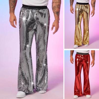 Erkek Payetli Bol Paça Pantolon Parlak Hip-Hop Disko Pantolonu Elastik Bel Retro Geniş Paça Pantolon Sahne Performansı Gece Kulübü Bar Dansı için
