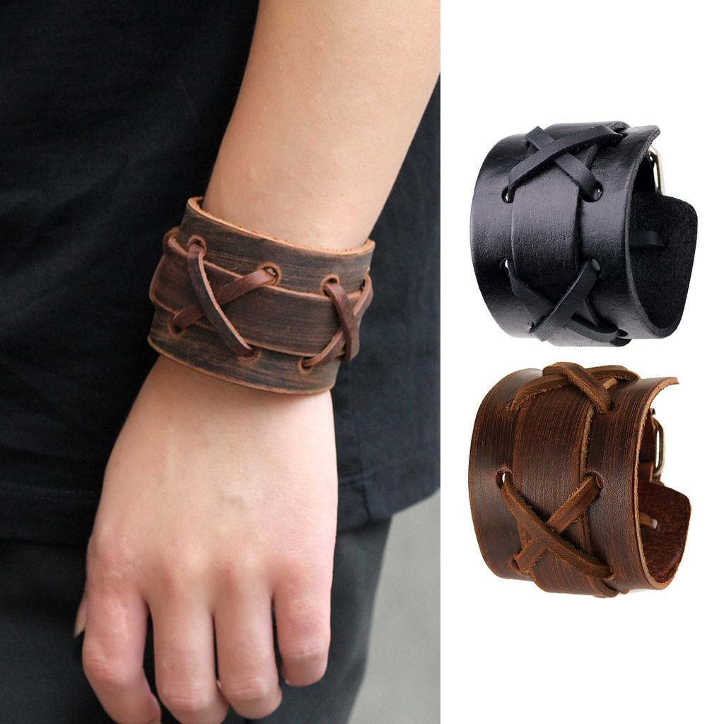 1pc Vintage Punk Genuine Leather Bracelet Bangle for Men Handmade Leather Wristband Steampunk Jewelry Male Bracelets