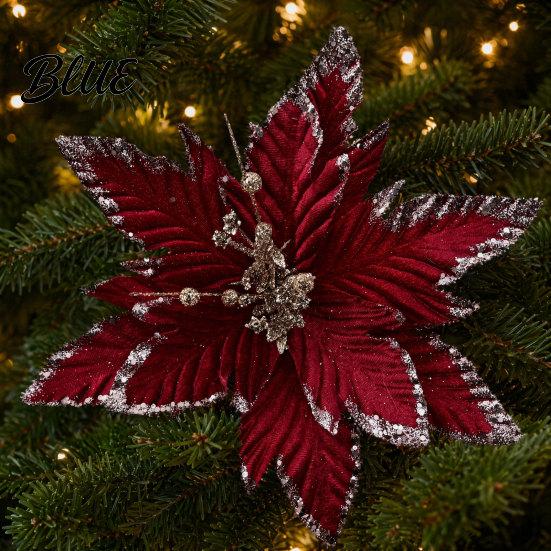 Decorative Christmas Flower Picks Artificial Flowers Handmade Bead Cluster Poinsettia Velvet with Gold