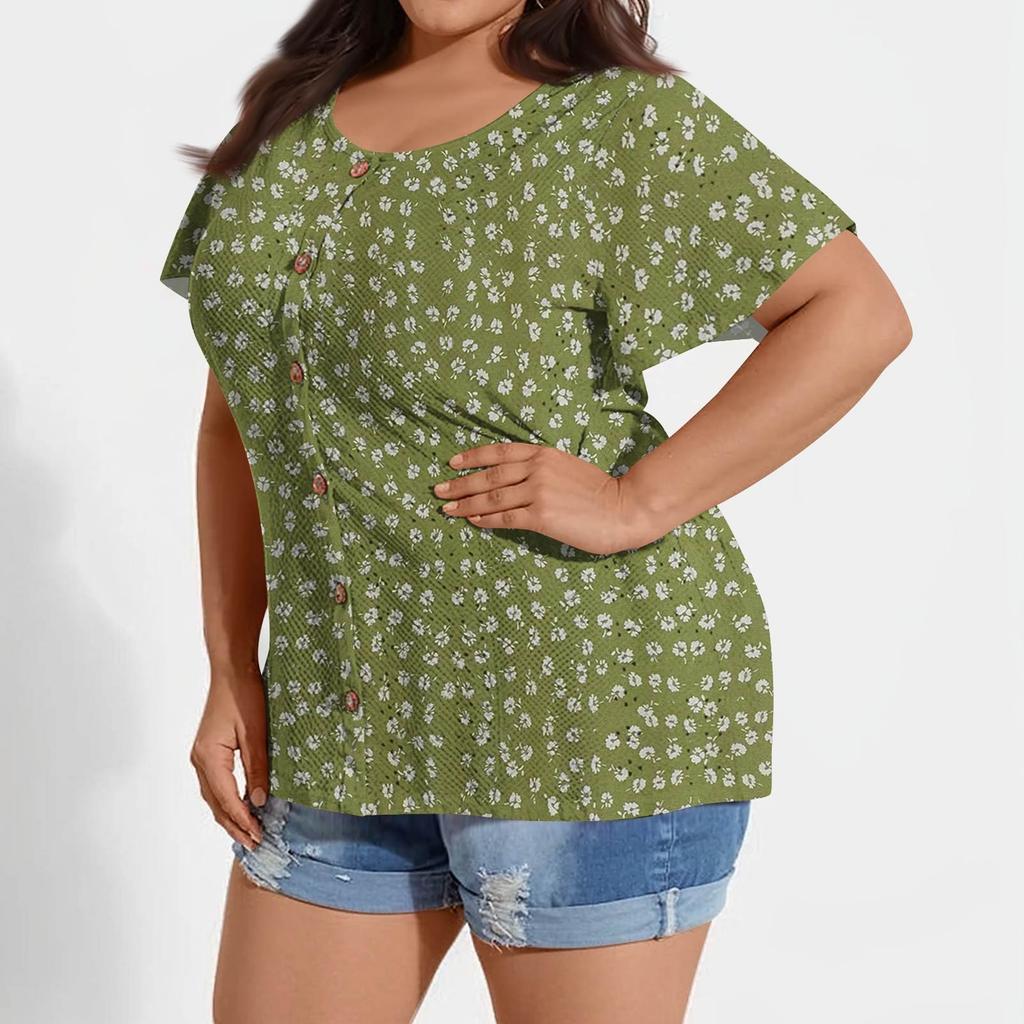Plus Size Women's Fashion Casual Vintage Printed O-Neck Short Sleeve Button T-Shirt Top