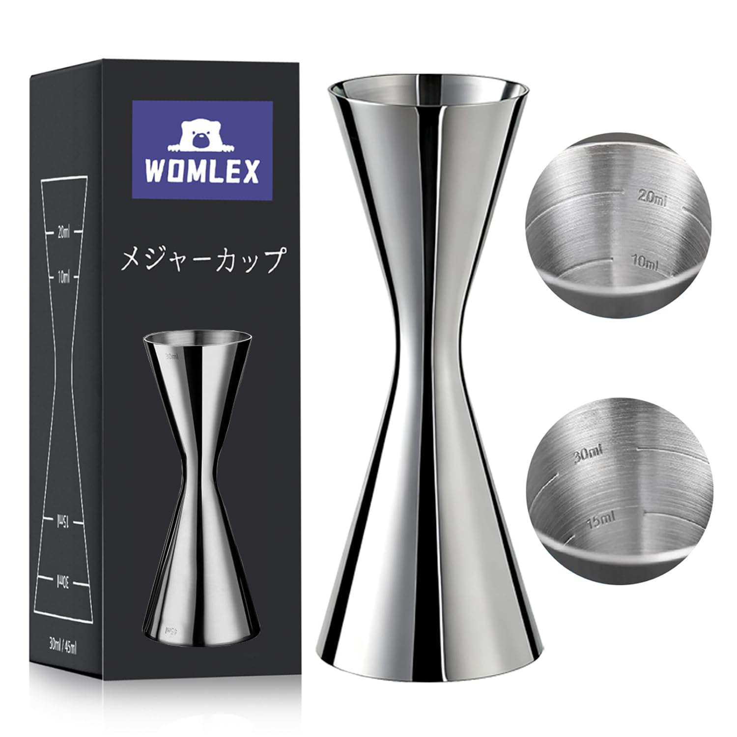 WOMLEX Measuring Cup, 30/45ml, Graduated, Cocktail Measure, Jigger Cup, Whiskey, Cocktail Measuring Cup, Double Head, One-Piece Stainless Steel (Silve