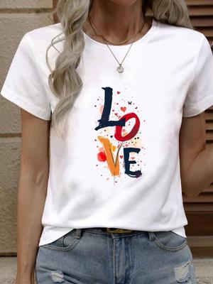 (Asian Size) Tee Top Women Fashion Female Clothing T Shirt Woman Print  Love Letter Style Cute 90s Short Sleeve Graphic T-shirts