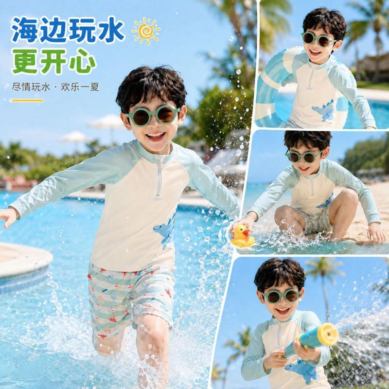 Jungen Langarm Rash Guard Set mit Dinosaurier-Print Schnelltrocknend UV-Schutz Badebekleidung Kinder