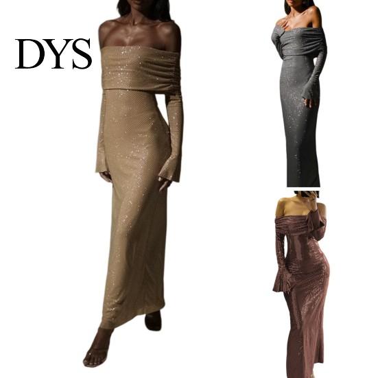 Bodycon Paillettenkleid Damen Abend Bateau-Ausschnitt Schulterfrei Lange Ärmel Schimmerndes Formelles Kleid Bronzefarben Trägerlos Abiball Cocktailparty Maxi