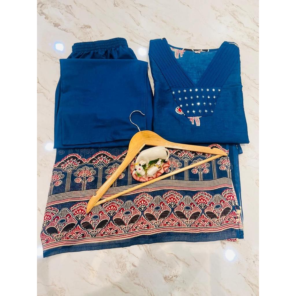 Women Party Wear Top Tunic Kurta Pant Dupatta Set Indian Bollywood Cotton Kurti 2384