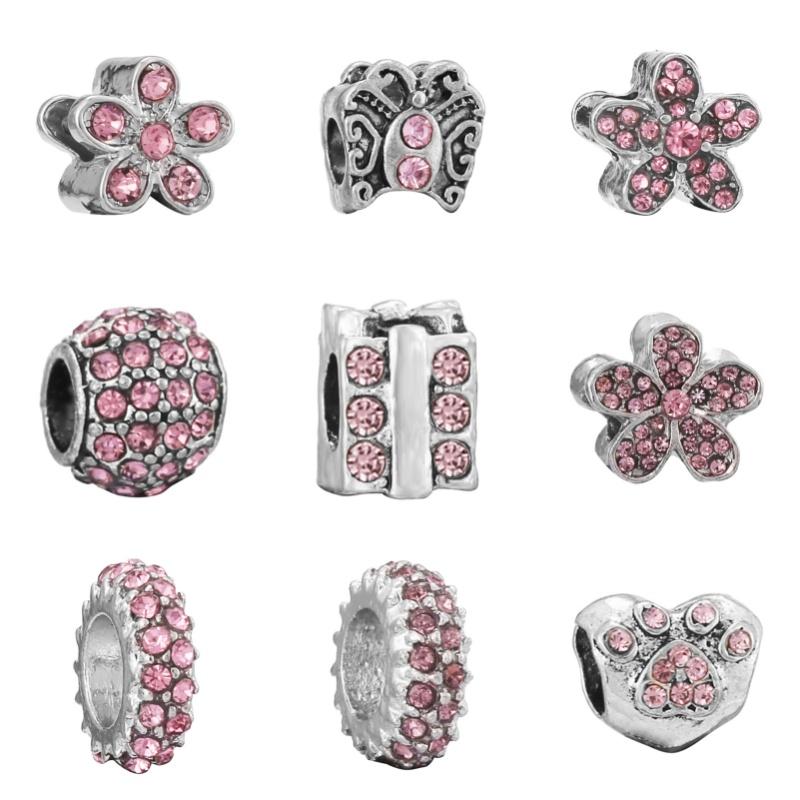 New Silver Plated Pink Diamond Butterfly Alloy Large Hole Charm Beads For DIY Bracelet Necklace Jewelry Accessories Gift