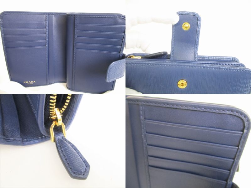 Authentic PRADA Saffiano Blue Leather Bifold Wallet Compact Wallet #8777  Open Box