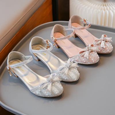 Sandálias de laço para meninas 2024 verão nova moda princesa sapatos para festa casamento crianças strass salto alto sapatos de couro infantil