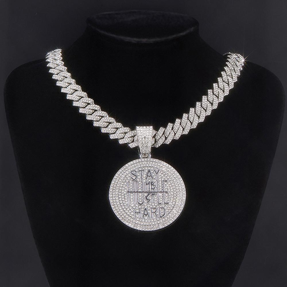 Hip Hop STAY HARD Letter Pendant Cuban Chain Necklace Punk Gold Color Iced Out Bling Necklaces Fashion Charm Men Women Jewelry