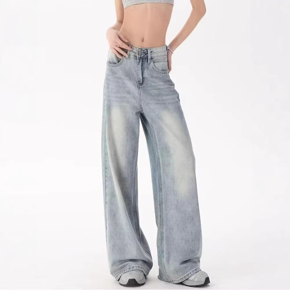 Retro light blue spring and summer new retro jeans women's American loose design slim mopping wide leg pants pants