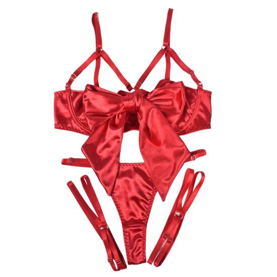 2Pcs/Set Women Sexy Faux Satin Underwear Set Lace-Up Bowknot Underwire Push-Up Bra Adjustable Strappy Thong Set