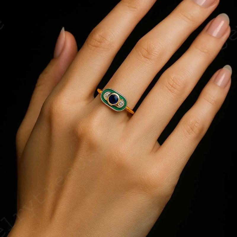 Vintage Green with Blue Synthetic Zirconia Ring Suitable for Women's Niche Design Daily Commuting Jewelry Accessories Gifts