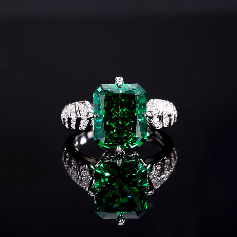 Jewelry Copper Bottom Gold-Plated High Carbon Diamond Ice Flower Cut Fat Rectangular Copper Inlaid Temperament Light Luxury Ring Women 10 * 12