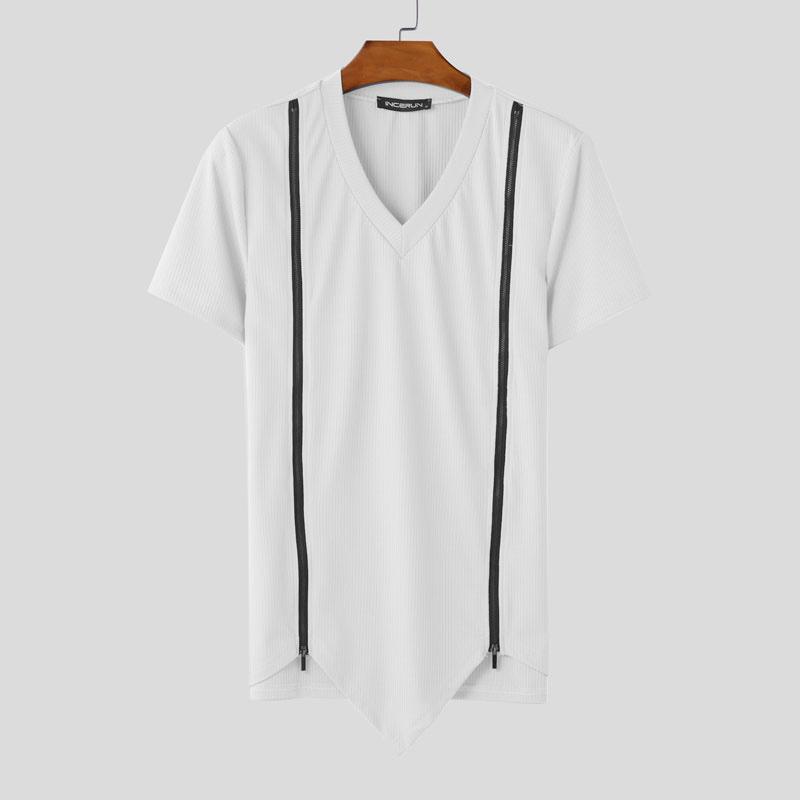 INCERUN Summer Men V Neck Short Sleeve Zip-up Casual Skinny Rib T-shirts Tops