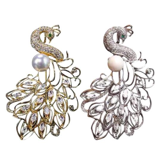 Brooch Pin Anti-Exposure Buckle Peacock Feather Design Pin with Imitation Pearls Cubic Zirconia Suits Coats Sweaters Badge