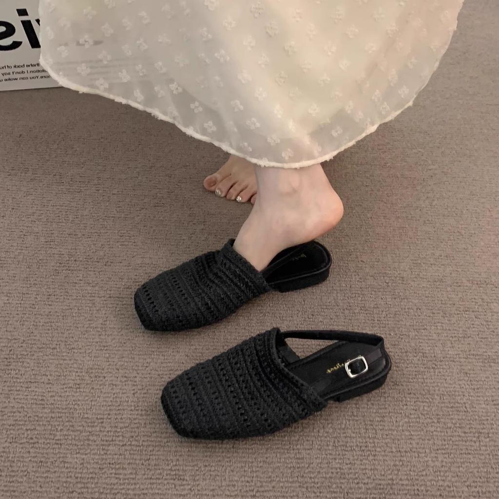 Sheepskin version~ niche French one-word cool slippers women's open-toed square head temperament Roman shoes flat beach shoes