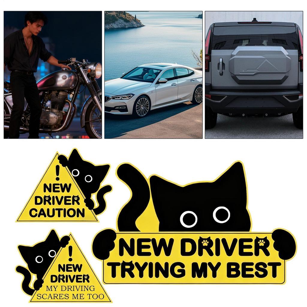 New Driver Sticker 3 Pieces Black Cat Automotive Decal Auto Body Decals Safety Sign for Car Vehicle Bumper for Drivers Trips