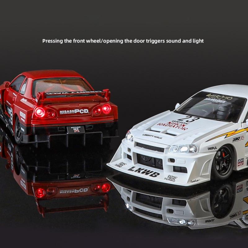 1/24 Nissan Skyline GTR R34 Silvia S15 Alloy Modified Vehicles Diecast Metal Scale Car Model  Sound and Light Childrens Toy Car Gift