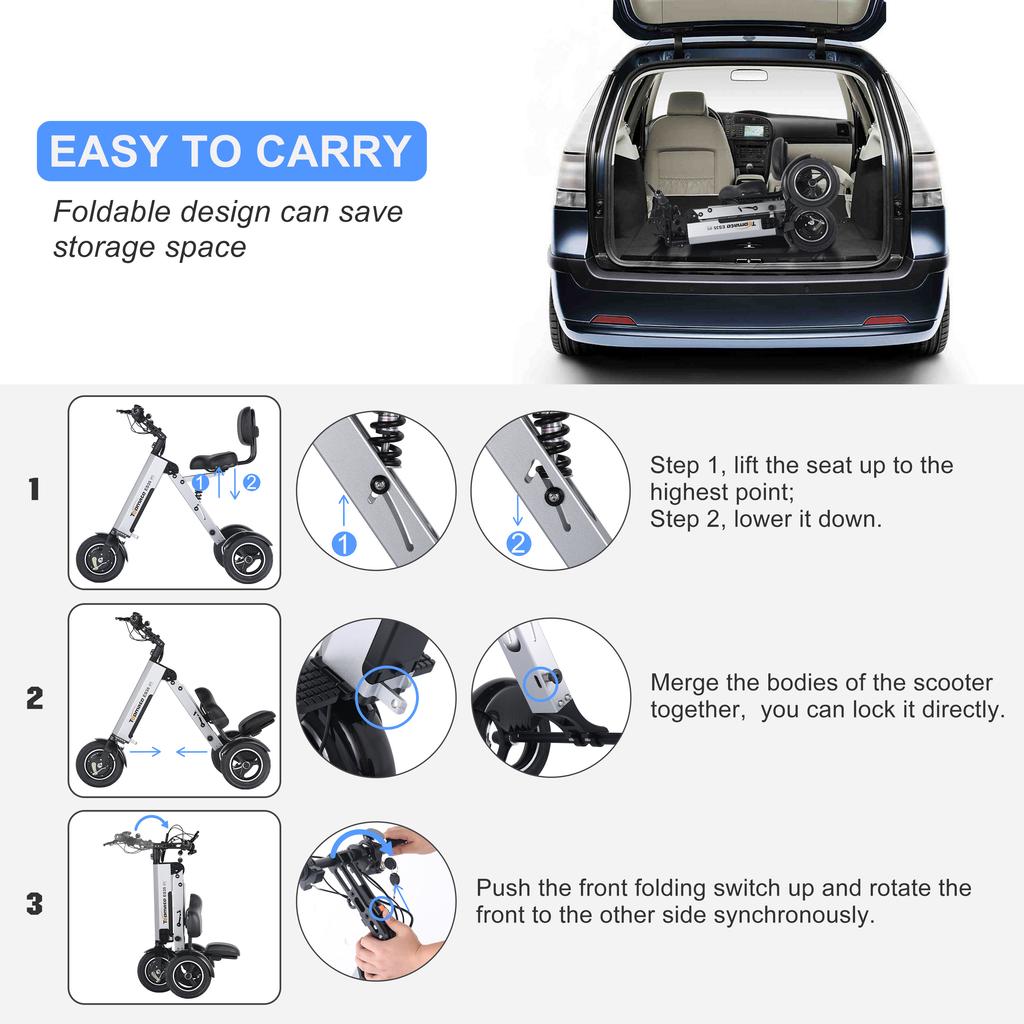 TopMate ES35P 3 Wheel Foldable Electric Scooter with Backrest Seat Removable 36V Battery Reverse for Adult Commute
