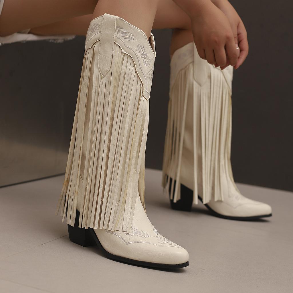 Embroidered Medium Boots Ethnic Fringed Boots 40-48 Large Size Boots Thick High Heels