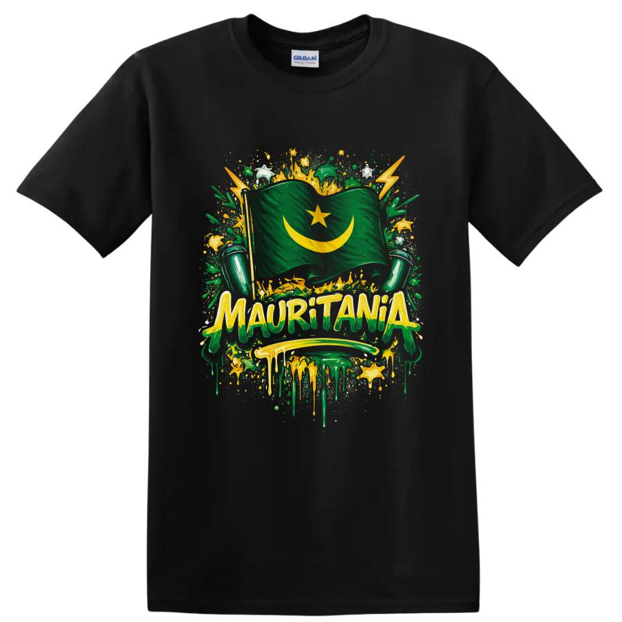 Mauritania Flag T Shirt Green Golden Crescent Star Paint Splash Patriotic Tee