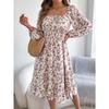 Fashion Women's Dresses Elegant Floral Square Neck Long Sleeve Waisted Ruffle A-line Dresses