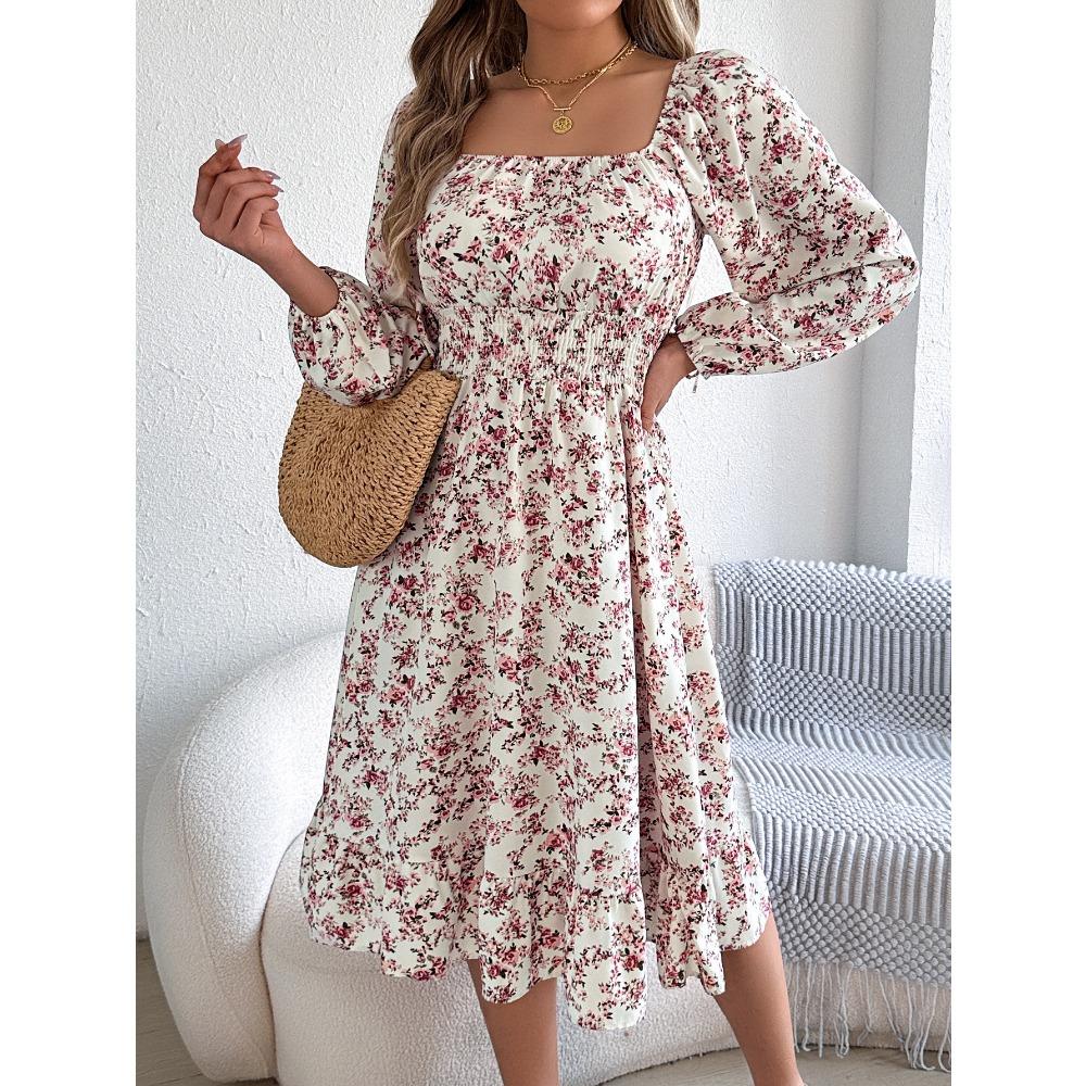 Fashion Women's Dresses Elegant Floral Square Neck Long Sleeve Waisted Ruffle A-line Dresses