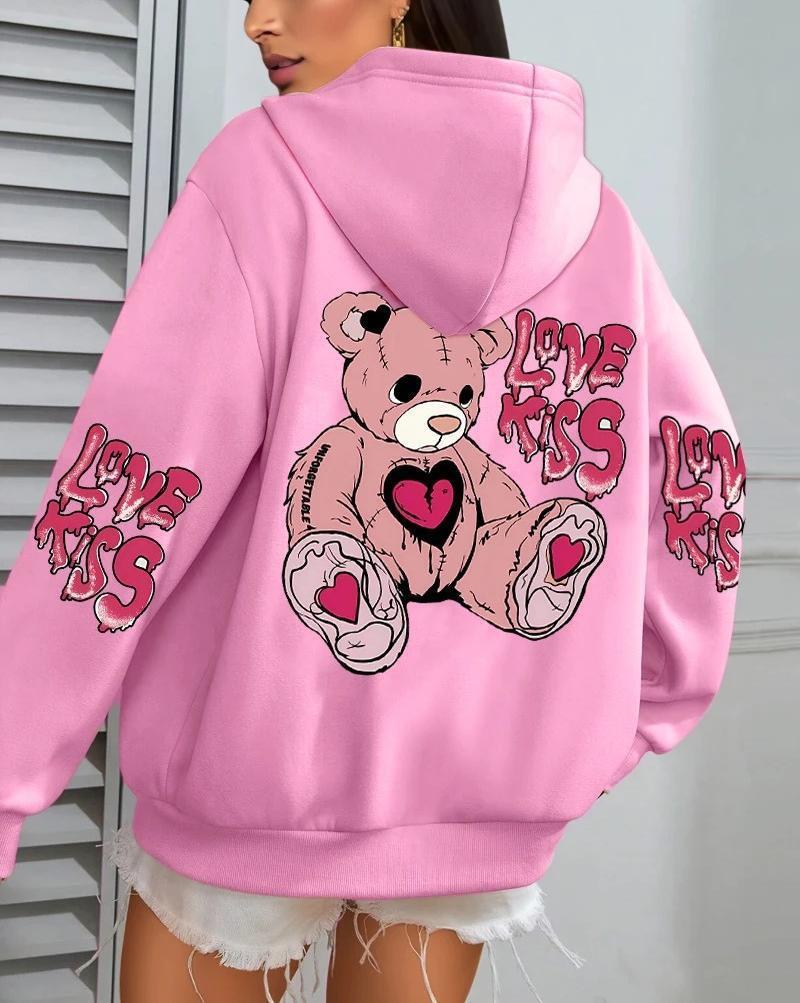 Women's Pink Love Kiss Letter Print Hoodie - Autumn Casual Loose Fit Fleece Pullover with Pocket.