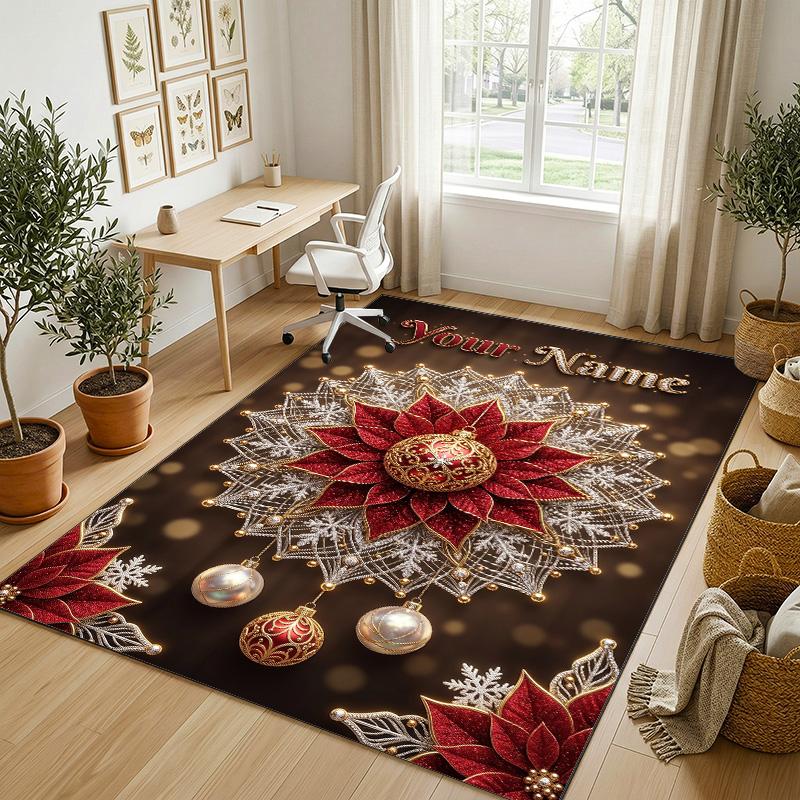 Christmas Theme Crystal Velvet Rug Personalized Custom Name Text Soft Floor Mat Home Decor