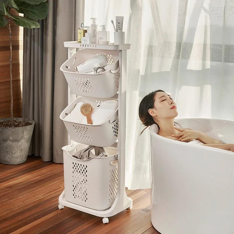 2/3 Layers Bathroom Dirty Clothes Storage Basket Movable PP Plastic Laundry Basket with Wheels