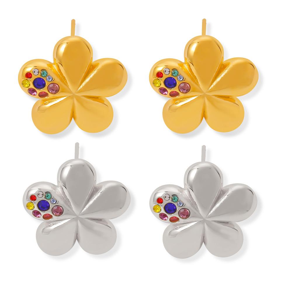 Flower Earrings Set With Diamonds, Five-Petaled Flower Color Stone Creative Design, Titanium Steel Gold-Plated Advanced Sense