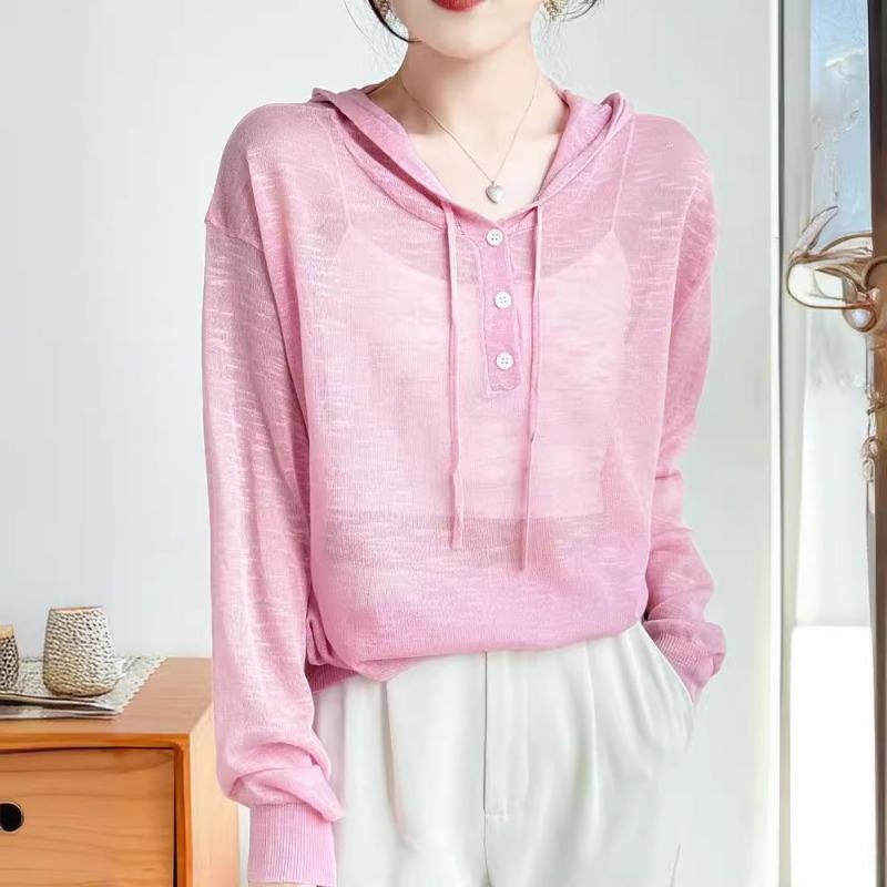 Nový letní lněný pletený svetr s kapucí s bambusovým žebrováním a jednobarevnou ležérní základní vrstvou