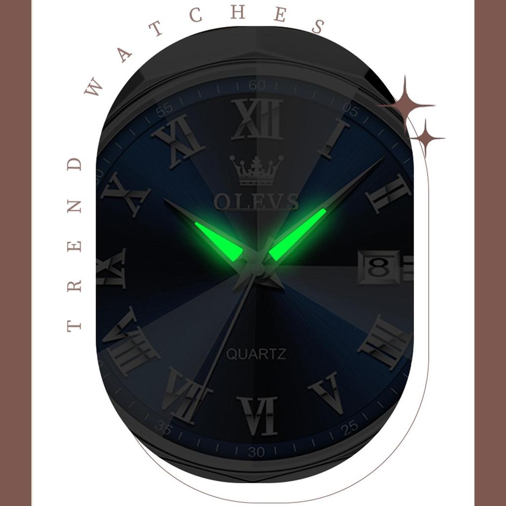 OLEVS Waterproof Watch with Leather Roman Alphabet Date Stylish Quartz Luminous Analog Small Popular Gift for Business Blue Lightweight Leather Watch