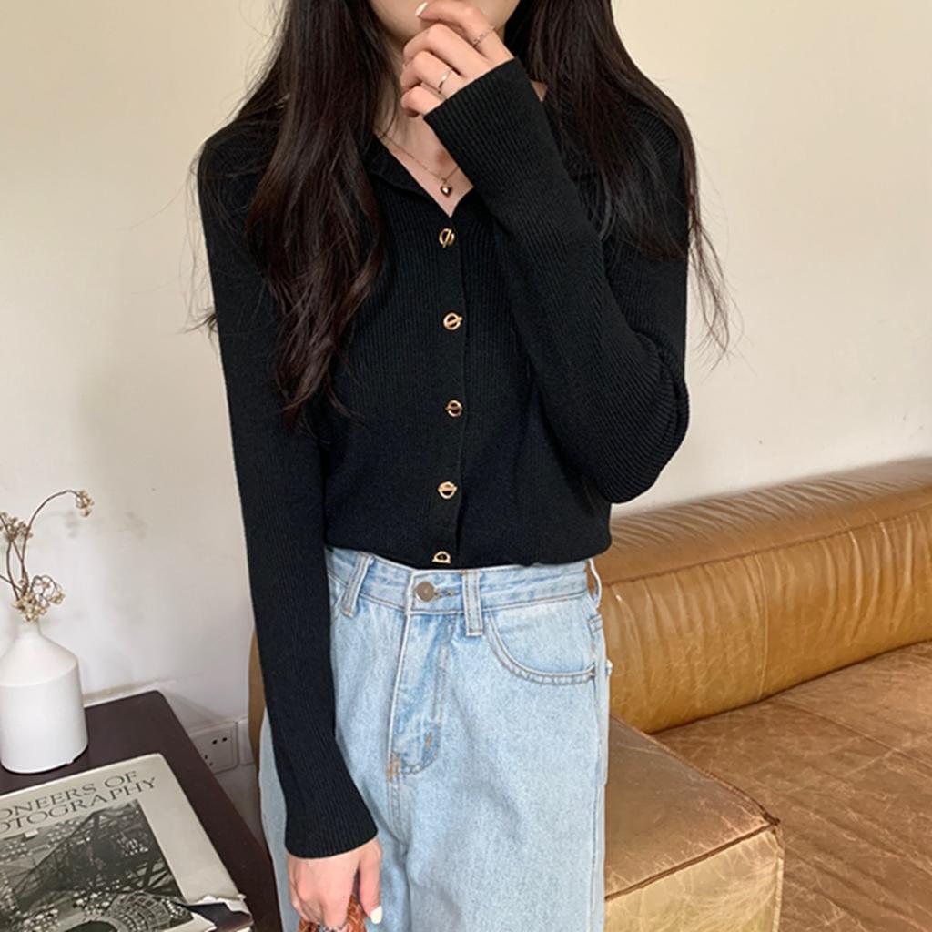 Women Designer Turn Down Collar Long Sleeve Knit Cardigan Spring Solid Color Base Layer Sweater