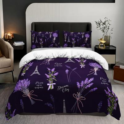Lila Bettwäsche-Set Paris Eiffelturm Lavendeldruck Gemütlicher Bettbezug King Queen Einzelgröße Geburtstagsgeschenk für Erwachsene Schlafzimmerdeko
