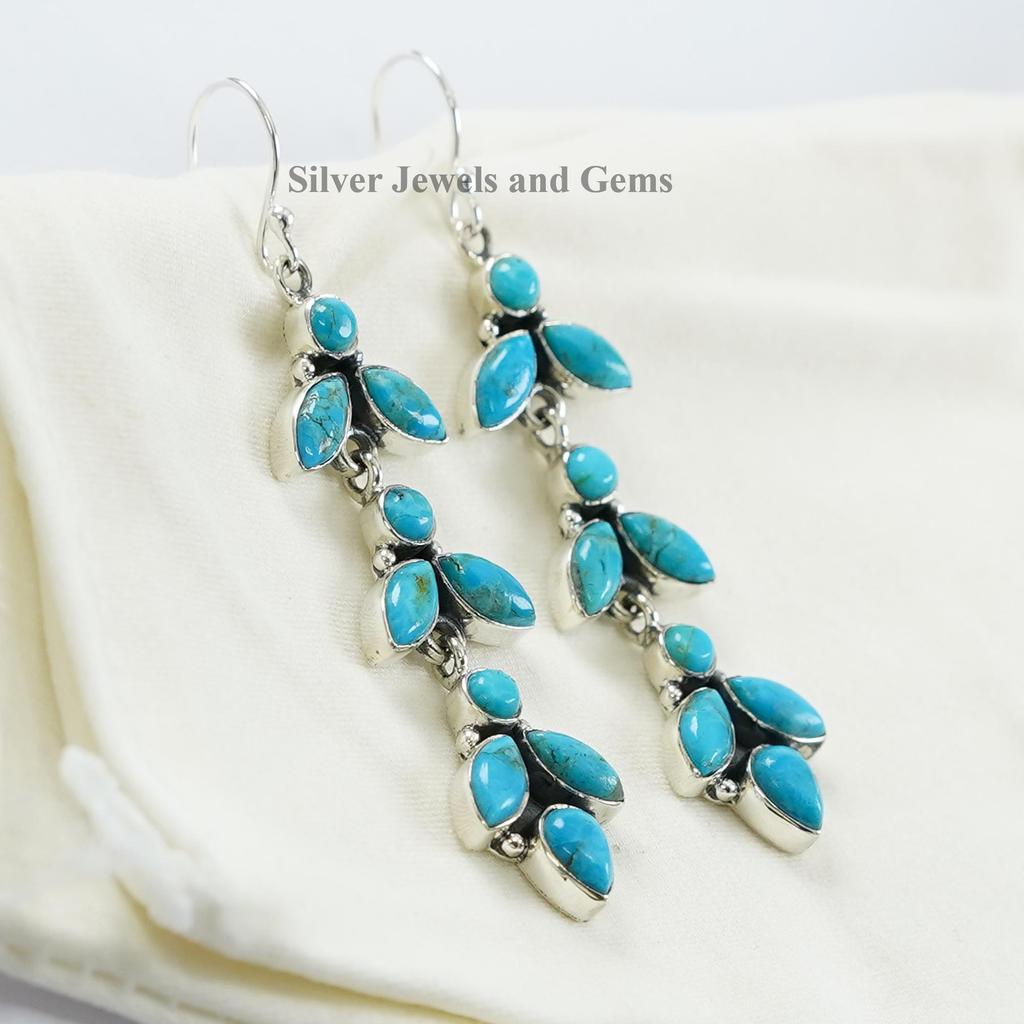 Natural Turquoise Long Earrings, Dangle Earrings, 925 Sterling Silver Earrings, Designer Earring, Gift for Girlfriend, Handmade Earring