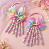 2Pcs Colorful Gradient Grosgrain Ribbon Bow Hair Ties for Kids Girls Curly Tassel Streamer Ponytail Holders Cute Hair Elastics